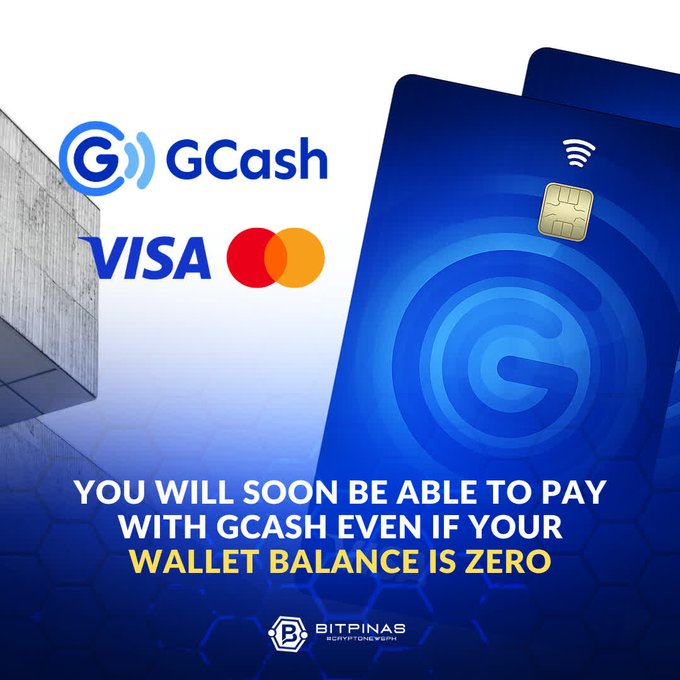 BitPinas cryptocurrency news graphic showing GCash and Visa/Mastercard logos, announcing that users will soon pay with GCash even with a zero wallet balance.