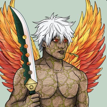 A digital illustration of a white-haired, red-eyed figure with cracked, gold-veined skin, holding a curved blade and sporting large orange and yellow fiery wings.