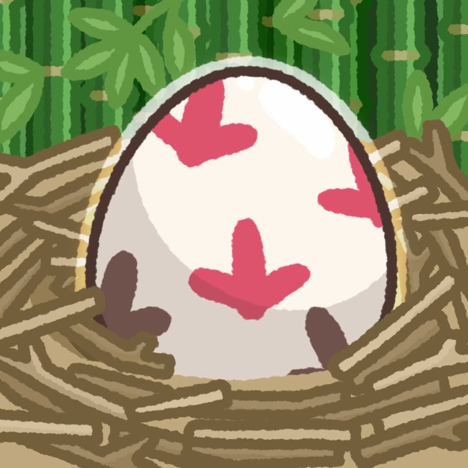 A digital drawing depicts a white egg with red and brown spots sitting in a brown nest with green foliage in the background.