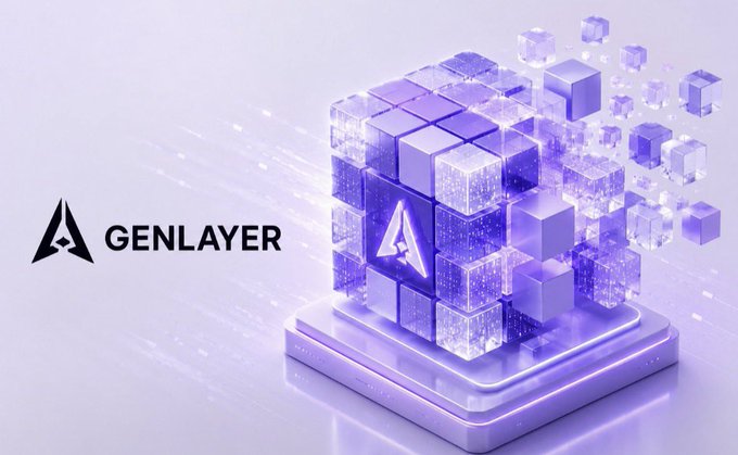 The GenLayer logo and name are featured prominently in this futuristic 3D-rendered image, which displays a glowing purple cube composed of smaller cubes sitting on a platform with light effects—visually representing the project as a structured yet dynamic crypto ecosystem. The image pairs with the post's theme of navigating complexity when joining a new crypto project, symbolizing how GenLayer offers a modular framework for getting started rather than leaving users overwhelmed with choices.