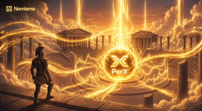A dramatic digital illustration featuring a Roman/Greek warrior in armor standing before glowing ancient temples, with the X (XRP) logo labeled "PerX" at the center surrounded by fiery golden energy streams; the Nomisma logo appears in the top-left corner.
