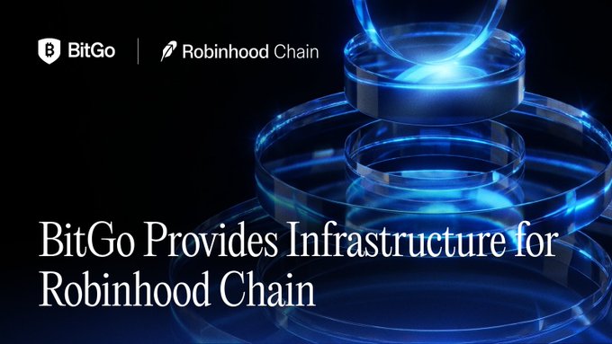 The image displays logos for BitGo and Robinhood Chain at the top, with the headline "BitGo Provides Infrastructure for Robinhood Chain" against a blue, futuristic background of glowing interconnected rings, visually representing the partnership that has supported Robinhood Chain's rapid growth—including over $600 million in app deposits and 100 million transactions since launch.
