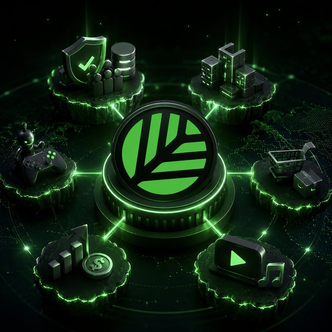 A futuristic 3D graphic displaying a central green leaf logo connected to floating islands representing different services: security shield with people, buildings, a game controller, a growth chart with dollar sign, and a streaming player.