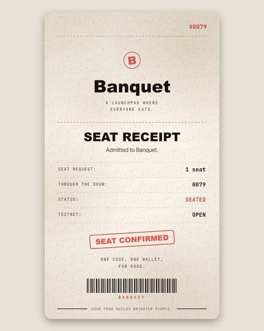 A digital seat receipt for 'Banquet' (#0079) showing a status of 'SEATED' with a 'SEAT CONFIRMED' stamp and the tagline 'GOOD FOOD BUILDS BRIGHTER PEOPLE.'