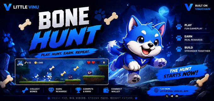 A vibrant advertisement for a mobile game called "BONE HUNT" by LITTLE VINU features a cute blue and white puppy character and the tagline "THE HUNT STARTS NOW!".
