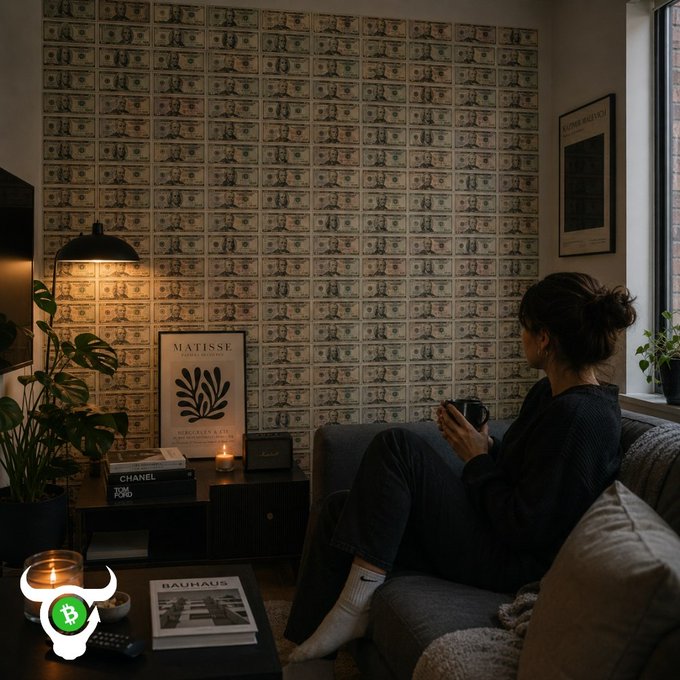 The image features a woman sitting on a couch with her legs crossed while holding a cup of coffee. She appears to be looking at something or someone outside the frame. The room has a wall covered in paper money, which adds an interesting visual element to the scene. The phrase "When the currency becomes the wallpaper" suggests that the focus is more on the woman and her actions rather than the monetary aspect of the image.