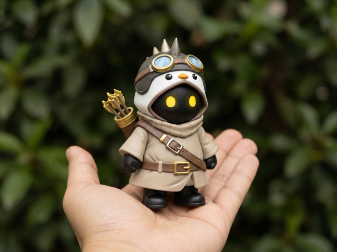 A small collectible figurine of a black robot-like character wearing a tan explorer's coat, spiked helmet, and goggles, with a quiver of arrows on its back, resting in the palm of a hand.