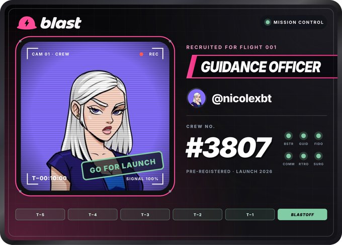 A Blast crypto digital ID card for @nicolexbt showing her as 'Guidance Officer' with crew number #3807, pre-registered for 2028 launch, featuring a stylized cartoon avatar of a white-haired woman on a purple background.