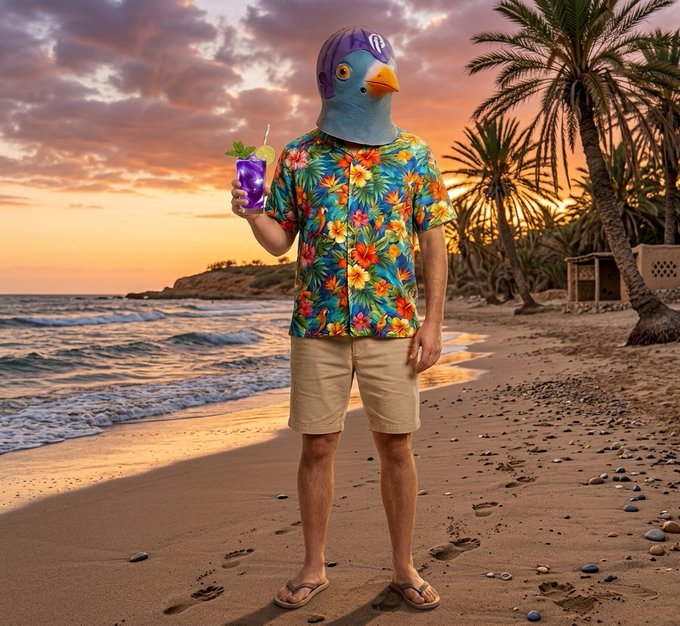 A person stands on a beach at sunset wearing a tropical floral shirt, khaki shorts, flip-flops, and a pigeon mask while holding a purple drink.