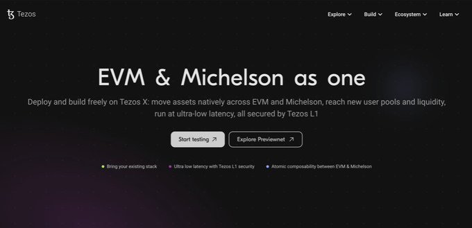 The image shows a website for Tezos, an open source project that focuses on scalability, composability, and expanding what's possible with its ecosystem of tools. The website has a dark background, which contrasts with the white text displayed on the screen. The main content is in black, making it stand out against the light background. The image also includes a small purple logo at the bottom right corner.