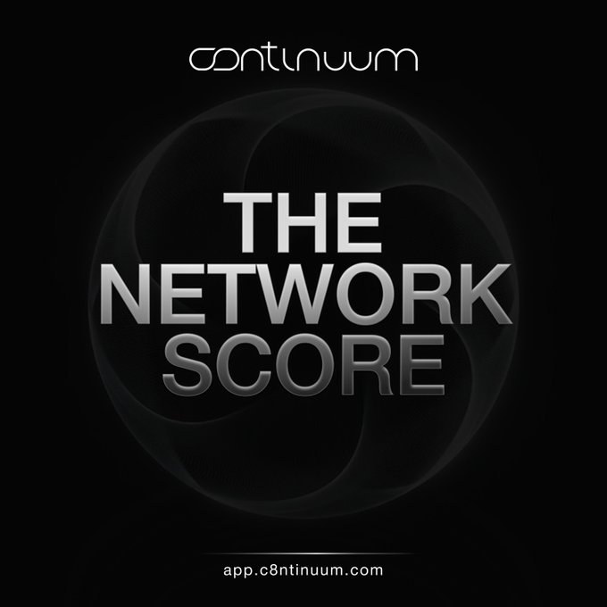 Promotional graphic for "c0ntinuum" featuring "THE NETWORK SCORE" in metallic text over a dark sphere, with the URL "app.c8ntinuum.com" at the bottom.