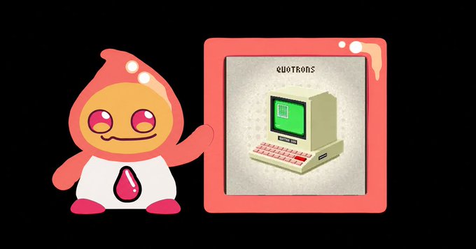A cartoon illustration of a small orange and pink flame-headed mascot character pointing toward a framed picture of a retro 'QUOTRON' computer with a green CRT monitor.