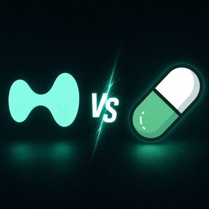 A digital graphic showing a green pill capsule icon with 'VS' versus a teal bone-shaped logo on a dark background.