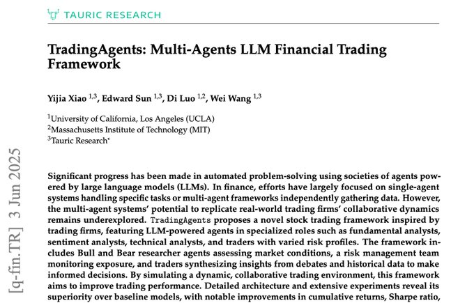 The image features a white background with black text, which appears to be an article or research paper discussing trading agents and their role in financial markets. The title of the paper reads "TradingAgents: Multi-Agents LLCM Financial Trading Framework", indicating that this is a study on how AI agents can help improve trading strategies within financial markets.

The text also includes information about the authors, who are listed as Yiyao Liu and Edward Sam, along with their affiliations at various institutions such as UC Berkeley, Massachusetts Institute of Technology (MIT), and Harvard University. The paper is published in a journal called "Journal of Trading and Risk Management", which suggests that it has been peer-reviewed by other academics or experts in the field.
