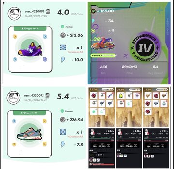 The image displays four separate posts with their corresponding titles, showcasing different aspects of a video game or app. The first two posts are side-by-side, while the third one has three items displayed together. The fourth post serves as an overview that highlights various elements within the game and app's interface. Each post seems to be focused on showcasing specific details of the gameplay experience or app features, possibly including user statistics and recommendations for other players.