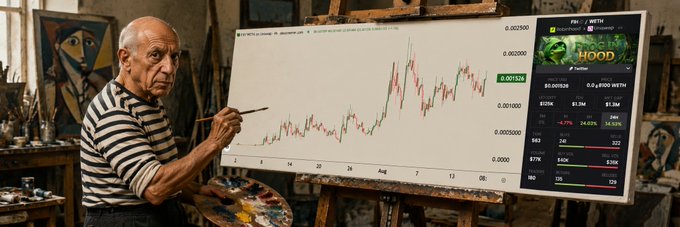 An elderly artist in a striped shirt holds a paintbrush and palette next to a digital chart of the $FIH ticker, with its current price of $0.00126 and a 24.79% gain displayed. The image playfully fuses traditional fine art aesthetics with financial trading visuals, visually reinforcing the post's comparison of $FIH's chart to a priceless Picasso masterpiece.