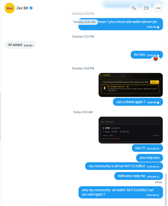 A messaging conversation with 'Zec Bit' where the user urgently asks the team to check and add wallet winners, claiming their community wallets were marked as 'NOT ELIGIBLE'.