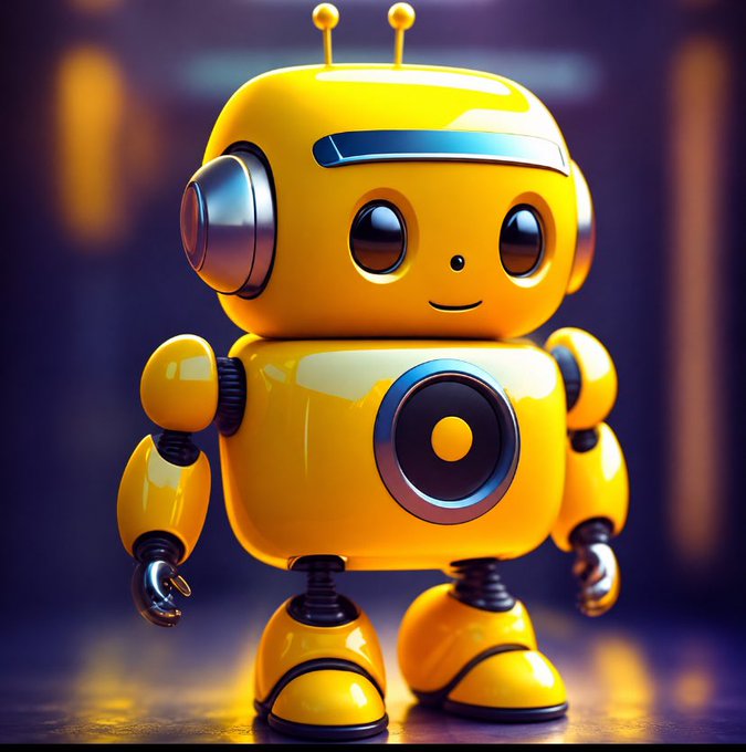 A 3D-rendered cute yellow robot with large brown eyes, antennae, ear-like attachments, and a speaker on its chest stands against a blurred background.