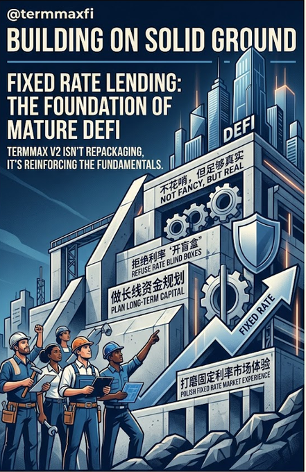 A promotional graphic for Termmax.fi titled 'BUILDING ON SOLID GROUND: FIXED RATE LENDING: THE FOUNDATION OF MATURE DEFI,' stating 'TERMMMAX V2 ISN'T REPACKAGING, IT'S REINFORCING THE FUNDAMENTALS' with multilingual text banners including 'NOT FANCY, BUT REAL,' 'REFUSE RATE BIND BUKES,' 'PLAN LONG-TERM CAPITAL,' and 'POLISH FIXED RATE MARKET EXPERIENCE.'