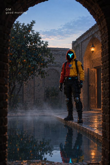 A hooded figure wearing a glowing blue mask and a red and yellow jacket stands in a misty, brick-lined courtyard at dawn, with the text "GM good morning" visible in the corner.
