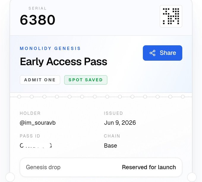 The image shows a screenshot of a registration page for Monolidy Genesis, specifically for the early access pass. The page displays the registration instructions, including the required fields such as a password, date of joining, date of submission, and a description of the purpose. The user is advised to click "Early Access Pass" to join the system. A dropdown menu appears below, providing options for accepting or declining the registration. In addition, an option is provided for sharing the account with a friend via a link. The image's content suggests that Monolidy Genesis has released a new early access pass feature in their on-chain ecosystem and has extended it to a few users who have already joined.