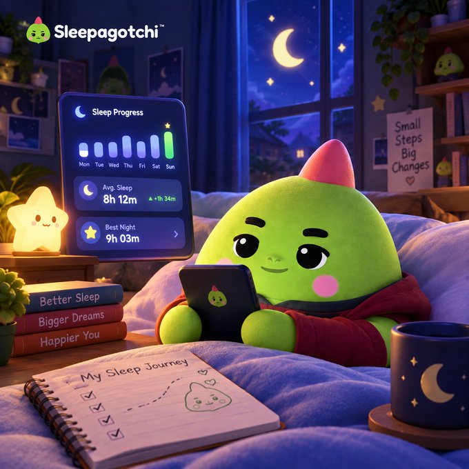 A promotional illustration for 'Sleepagotchi' showing a green cartoon character in bed looking at a phone displaying 'Sleep Progress' with 'Avg. Sleep 8h 12m' and 'Best Night 9h 03m', alongside a sleep journal and a star lamp.