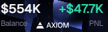 The image displays a trading dashboard screenshot showing a balance of $554K with a profit of +$47.7K on the AXIOM platform, indicating a successful trading day that aligns with the post celebrating Day 388 of the user's Solana and USD earnings journey.