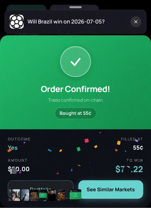 A confirmation screen displays "Order Confirmed! Trade confirmed on-chain" for a prediction market bet on "Will Brazil win on 2026-07-05?", showing a $10.00 wager on "Yes" filled at 55¢ to win $7.22. The image relates to the post by illustrating the practice the author criticizes—publicly sharing trade screenshots with specific figures visible—since this image openly reveals the exact bet amount and potential payout.