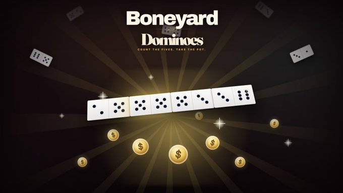 The image features an advertisement for a dominoes game called Boneyard Dominos. The background of the image is black with white text that reads "Boneyard Dominos" and "GalaChain Game: Boneyard Dominoes links.gala.com/Play-Boneyard-". There are several dominoes scattered throughout the image, some of which have been knocked over or fallen off their original positions. The dominoes are in various stages of play, with some still standing and others lying on the ground. The text "All-Fives" is also present in the image.