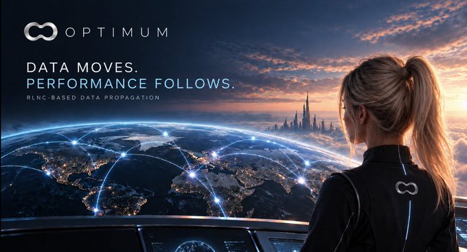 A promotional image for 'OPTIMUM' features a woman looking at a glowing world map connected by blue data lines, with the tagline 'DATA MOVES. PERFORMANCE FOLLOWS. RLNC-BASED DATA PROPAGATION.'