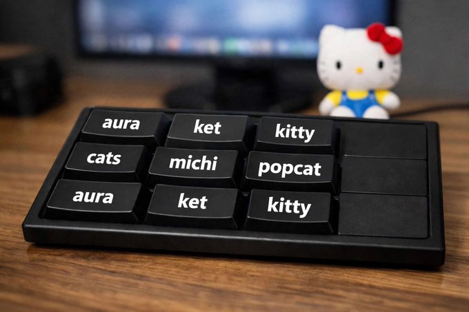 A black nine-key macropad with custom keycaps labeled 'aura', 'ket', 'kitty', 'cats', 'michi', and 'popcat' sits on a wooden desk next to a Hello Kitty figurine.