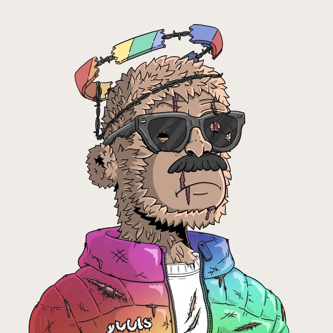 Digital illustration of a cartoon ape wearing sunglasses and a pink jacket, with a crown made of barbed wire and magnets floating above its head.