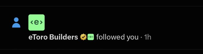 A Twitter notification from 'eToro Builders' with a green owl logo indicating 'followed you · 1h'.