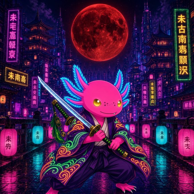 A vibrant, neon-lit cyberpunk illustration features a pink axolotl samurai wielding a katana in front of a giant red moon and Japanese-style cityscape with kanji signs.
