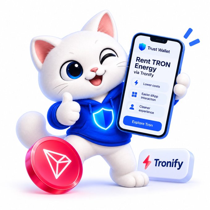 A 3D illustration of a white cartoon cat giving a thumbs up while holding a phone displaying 'Trust Wallet Rent TRON Energy via Tronify' with a Tron logo coin.