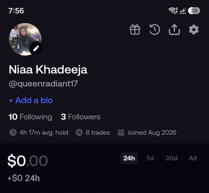 The screenshot shows a trading app profile for "Niaa Khadeeja" (@queenradiant17) with a $0.00 balance, only 3 followers, and a small trading history of just 8 trades since joining in August 2026. This relates to the post about struggling to profit and seeking accounts to copy trade, highlighting the frustration of a new, unsuccessful trader starting from zero while others have millions.