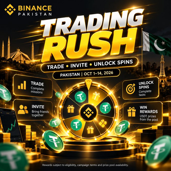 A vibrant Binance Pakistan promotional graphic for a 'Trading Rush' event running October 1-14, 2026, featuring a golden spinning wheel with USDT coins and tasks labeled 'TRADE: Complete missions', 'INVITE: Bring friends together', 'UNLOCK SPINS: Complete tasks', and 'WIN REWARDS: USDT prizes from the pool'.