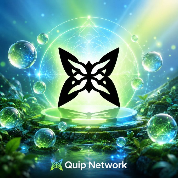 A promotional graphic for 'Quip Network' featuring a stylized black butterfly logo surrounded by glowing green and blue spheres in a mystical forest setting.