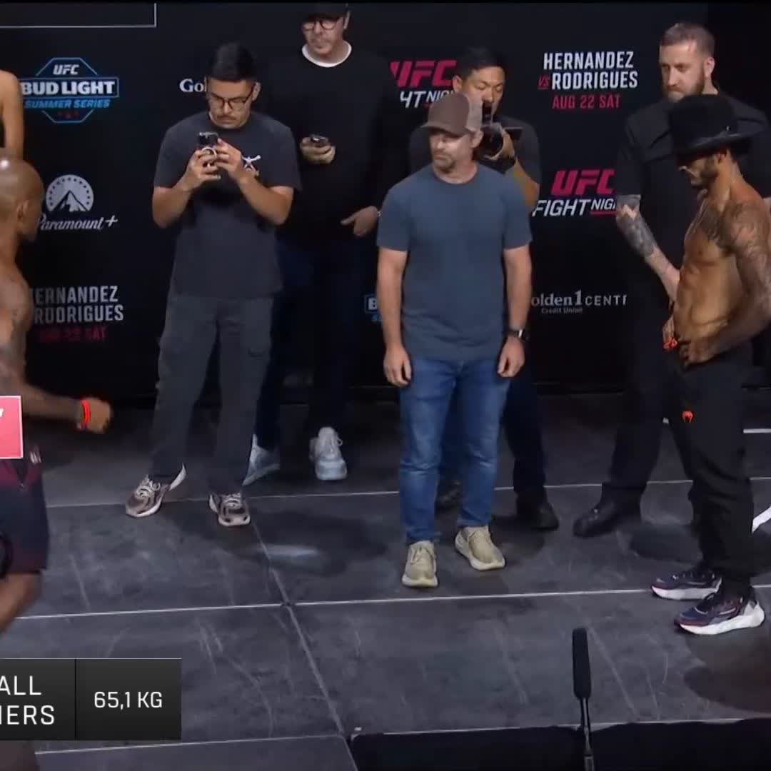 Two MMA fighters face off during a UFC weigh-in at the Bud Light Summer Series, with the backdrop promoting "HERNANDEZ vs RODRIGUES AUG 22 SAT" and a scale reading 65.1 KG, likely for the Emmers vs. Lerryan bout mentioned in the post.