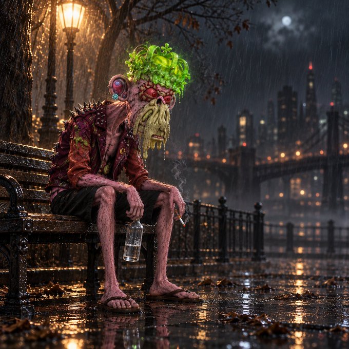 A digital artwork depicting a zombie-like character with green glowing hair, bulging eyes, and a tattered red jacket sitting on a rainy bench at night, holding a bottle and cigarette, with a city skyline in the background.