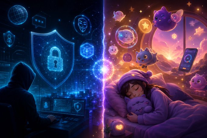 A split-screen illustration contrasts a hooded hacker working on a glowing blue cybersecurity console with a sleeping girl cuddling a plush monster under a starry sky filled with floating purple creatures and smartphones. The image visually represents the post's theme of diverse Web3 projects, pairing Beldex's privacy-focused blockchain foundation with Sleepagotchi's gamified sleep-tracking experience as two distinct paths in the ecosystem.