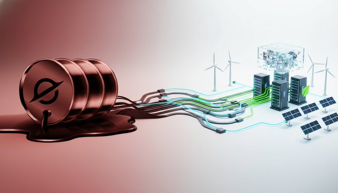 The image shows a 3D rendering of a complex network infrastructure with various elements, including a large barrel filled with oil, multiple wind turbines, and solar panels. The caption above the image suggests that there might be hidden costs associated with blockchain adoption, such as increased energy consumption due to the network's operation. This highlights the importance of considering environmental impacts when adopting new technologies like blockchain.