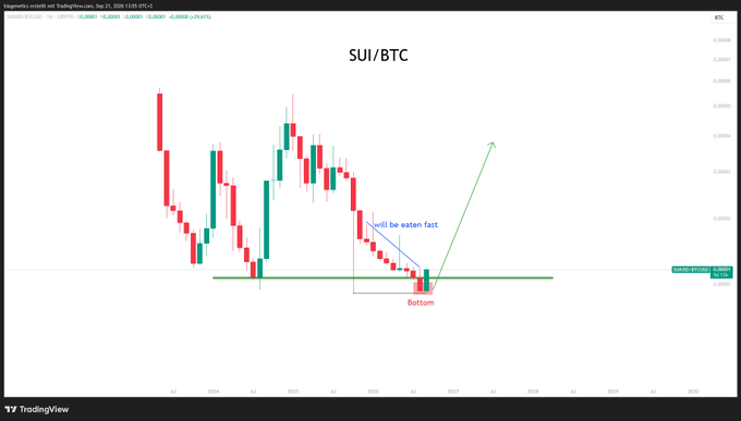A TradingView weekly candlestick chart for 'SUI/BTC' with annotations including a green arrow, red 'Bottom' marker, and blue text reading 'will be eaten fast'.