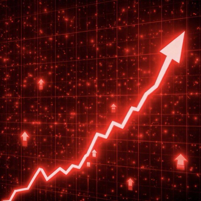 A red-toned digital illustration showing an upward-pointing arrow trending sharply higher across a grid background with scattered upward arrows and dots, symbolizing a rising market.