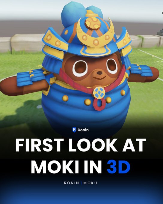 A 3D render of Moki, a cute round bear-like character wearing blue samurai armor with gold accents, is displayed in a T-pose. Text overlay reads "FIRST LOOK AT MOKI IN 3D" with "RONIN | MOKU" branding at the bottom, showcasing the leaked 3D model from the Ronin/Moku game.