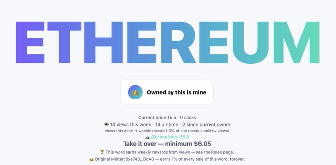 An ENS-style webpage displaying 'ETHEREUM' in large gradient text, 'Owned by this is mine', 'Current price $5.5', 'All-time high: $5.5', and 'Take it over — minimum $6.05' for 0xe740...b0AB.