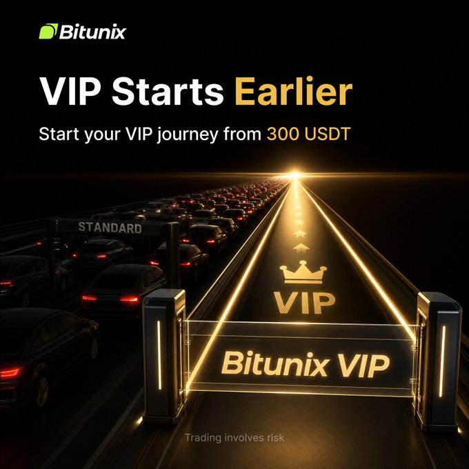 The image is a promotional graphic for Bitunix VIP featuring a highway split where one congested "STANDARD" lane is packed with cars while a clear, illuminated "VIP" lane with a crown icon leads ahead, captioned "VIP Starts Earlier – Start your VIP journey from 300 USDT" with a disclaimer "Trading involves risk." This visual metaphor reinforces the message that Bitunix VIP offers a faster, premium trading path accessible with just 300 USDT.