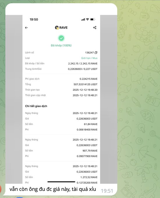 The image shows a screenshot of a cell phone screen displaying a list of items, including "RAVE", "2 months ago" and "500$". The text also mentions that someone has spent 500 dollars on RAVE and that it was purchased at 2 months ago for 500$. The caption reads, "Life is unpredictable, so don'n be quick to judge: (( 2 months ago when RAVE was at 0.22$, this guy spent 500$ to buy 2240 RAVE, one bro mocked him, said he was high, at this price you're still going 28$, those 2242 rave would've netted this guy over".