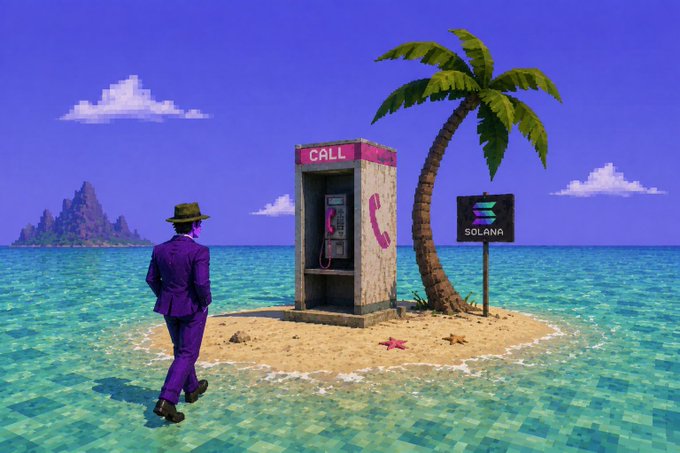A man in a purple suit approaches a phone booth labeled "CALL" on a tiny island, next to a palm tree and a sign reading "SOLANA," evoking a playful "Solana Summer" scene of isolation with a single lifeline to the network.