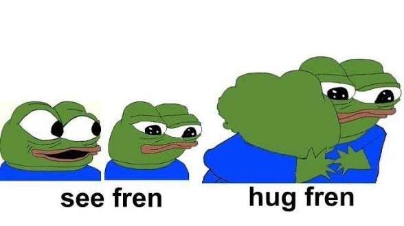 The meme features two Pepe the Frog images with the captions "see fren" and "hug fren," humorously suggesting that in response to the poster's request for vouches, the only reward on offer is a hug.
